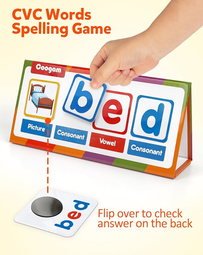 Coogam CVC Word Builder, Magnetic Sight Word Games with Flashcards, Matching Letter Reading and Spelling Game, Montessori Alphabet Educational Toy Gift for Preschool 3 4 5 Year Old Kids Toddlers