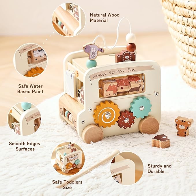 Wooden Activity Cube 8-in-1 Montessori Toys | Multifunctional Early Educational Learning Toys | Activity Cube for Baby Shape Sorter Xylophone Animal Travel Bus Toys Boy Girl Birthday Gift（Beige Bus）