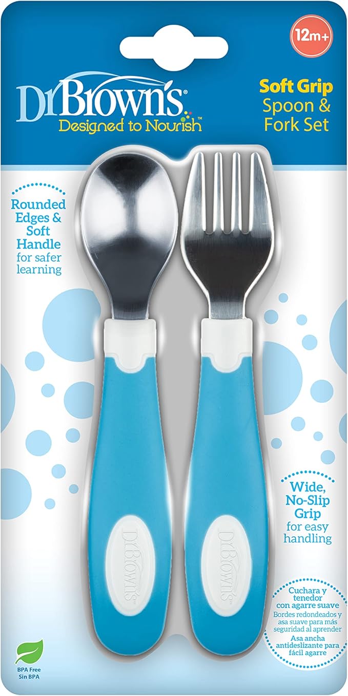 Dr. Brown's Designed to Nourish Soft-Grip Spoon and Fork Set,Blue & White