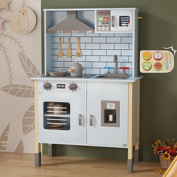 Play Kitchen for Kids, Wooden Kitchen Playset with Fruit Set, Light, Stove, Sink and Accessories, Interactive Toy Kitchen Gift for Boys Girls, Blue