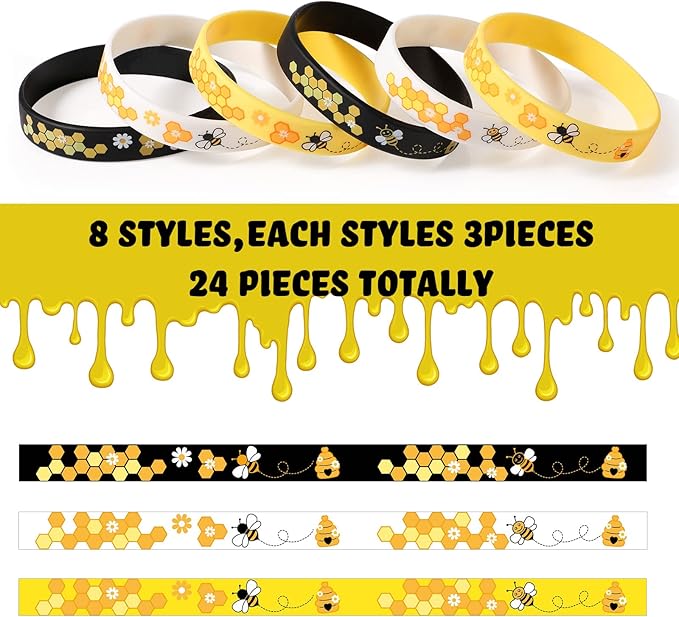 Bee Bracelet Silicone Bee Wristband Assorted Color Bee Theme Party Favors Bee Teachers Decorations Classroom Decorations Bees Wristband for Boy Girl Bee Birthday Baby Shower Party Supply (48 Pieces)