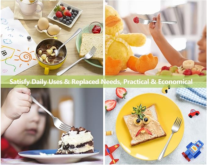 TeamFar Toddler Forks, 6 Pcs Stainless Steel Kids Utensil Small Fork for Child Self Feeding, with Line Patterned Edge, Non Toxic & Healthy, Mirror Surface & Dishwasher Safe, Easy to Grip