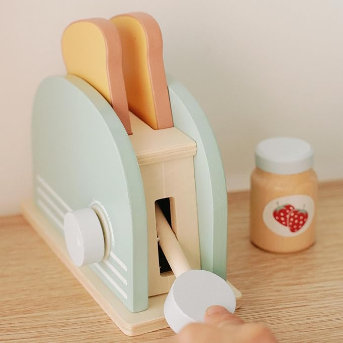 Wooden Pop Up Toaster Toys Play Set for Kids, Bread Maker Toy, Montessori Pretend Play Food Kitchen Accessories for Toddler Girls and Boys (Bread Maker)