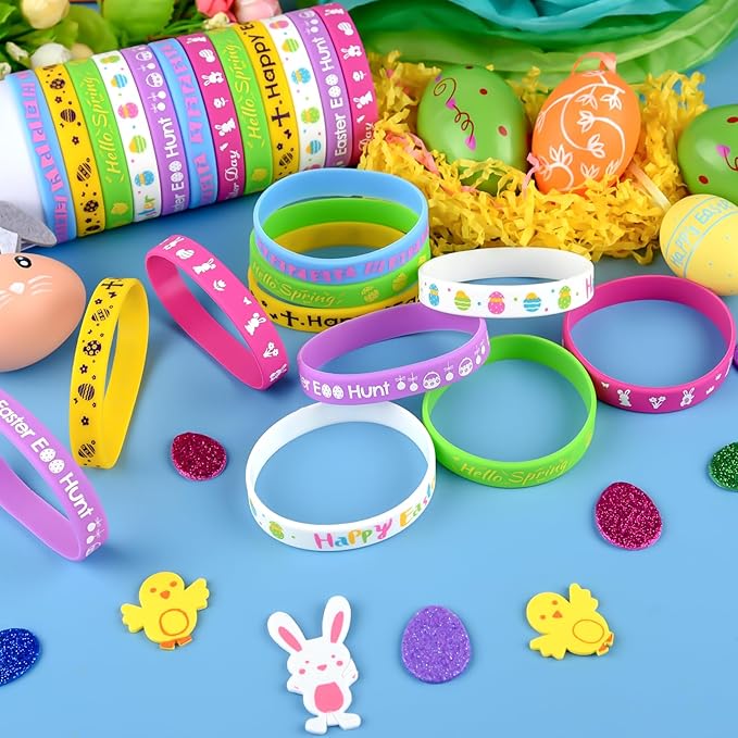 NEBURORA 48 Pcs Easter Rubber Bracelets Bunny Rabbit Egg Chick Flower Carrot Silicone Wristbands for Spring Happy Easter Party Favors Baskets Stuffers Egg Fillers