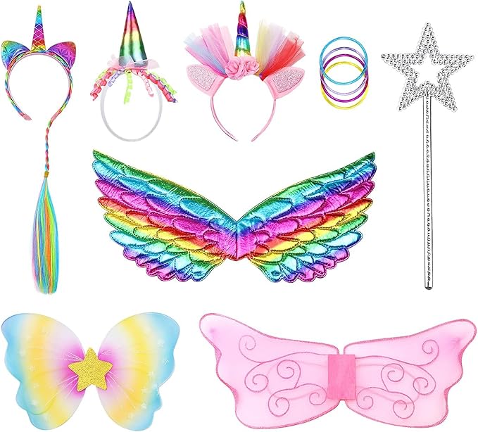 Jeowoqao Girls Princess Dress up Trunk Set 19 Pcs, Girls Rainbow Costume Set, Toddler Girls Dress up Clothes Pretend Play Costumes Set for Little Girl Ages 3 4 5 6