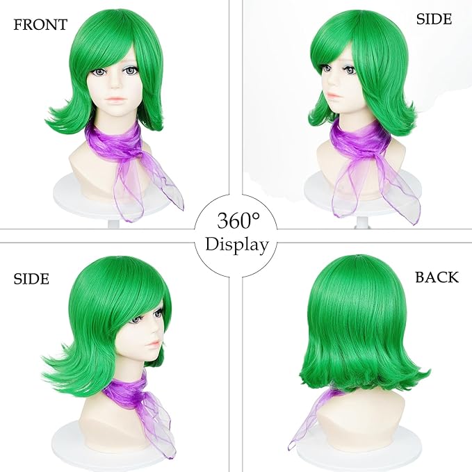 Probeauty Short Green Wig for Kids Cosplay, Green Bob Costume Wig for Halloween Cosplay Party with Scarf