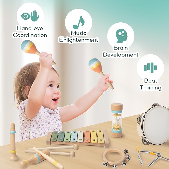 Toddlers Musical Instruments - Montessori Musical Toys for Toddlers 1-3，Modern Boho Xylophone，Neutral Colors Wooden Percussion Instruments Set