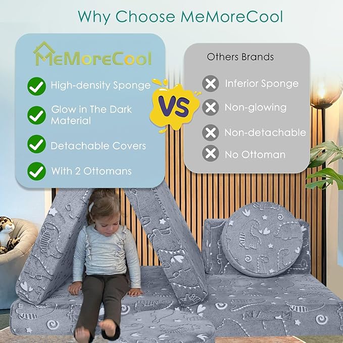 MeMoreCool Modular Glow Dinosaur Sofa for Kids, 8-Piece Convertible Foam Toddler Couch Play Set for Playroom and Children