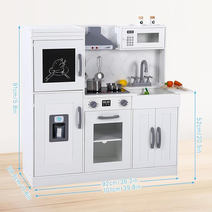Play Kitchen for Kids, Wooden Play Kitchen with Toy Storage System, Toy Kitchen Set with Plenty of Play Features, Gift for Ages 3+,White