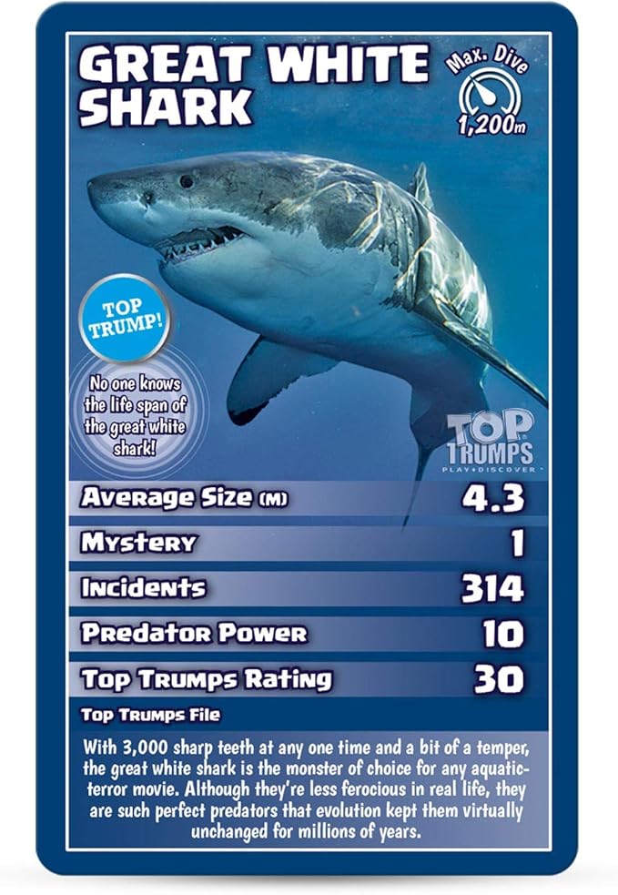 Top Trumps Sharks Classics Card Game, learn about Great White Sharks, Tiger Sharks and Hammerheads in this educational pack, gift and toy for boys and girls aged 6 plus