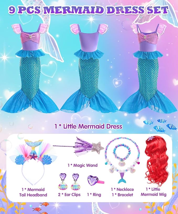 Mermaid Costume Dress, Mermaid Princess Dress for Girls with Wig Headband Necklace for Birthday Party Cosplay
