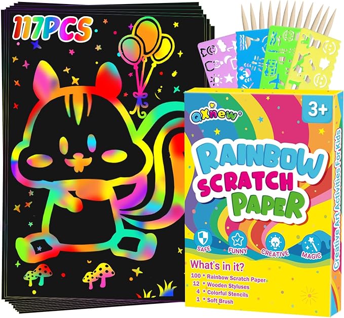 Scratch Paper Gifts Sets: 117PCS Magic Rainbow Scratch Off Art-Crafts Paper Pad Kits for 3 4 5 6 7 8 Year Old Boys Girls Toys Supplies for Birthday Halloween Christmas Fun Project Party Favors