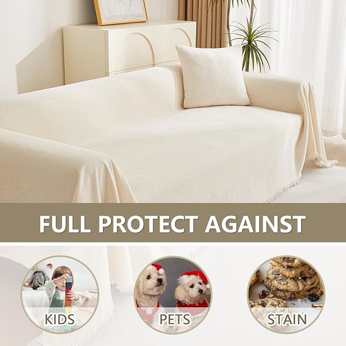 MYSKY HOME Couch Cover for Pets Beige Couch Covers for 3 Cushion Couch Sofa Couch Cover Sectional L Shape Chenille Couch Cushion Covers for Pets, Furniture Protector Cover for Dogs, Kids, 91" X150"