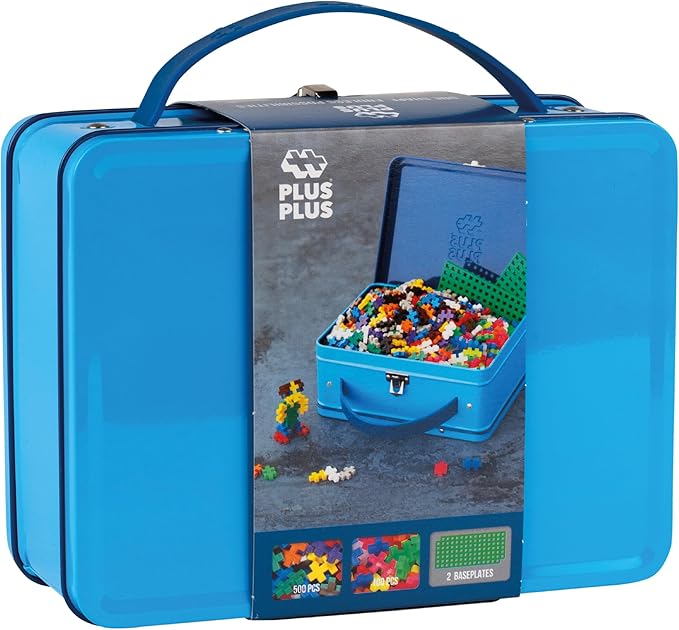 PLUS PLUS Building Set with Metal Suitcase, 3D Open Ended Stem Toy for Kids, 600 Mini Interlocking Pieces, 2 Green Baseplates