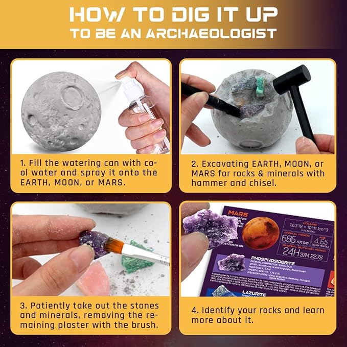 Gemstone Dig Kit, Dig up 15 Rocks & Minerals from Earth Moon Mars, Solar System Planets Geology Science Set, Space Rock Mining Toys for Kids, STEM Gift for Boys & Girls Age 6-8-12