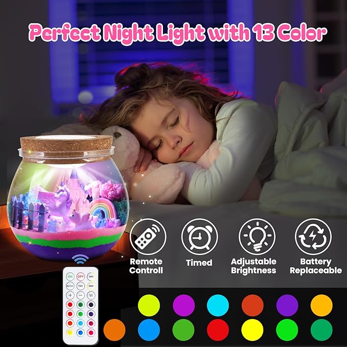 Uni-Corn Terrarium Kit Toys for Girls - Birthday Christmas Gift for Girls Ages 4 5 6 7 8-12 Year Old - Light Up DIY Uni-Corn Arts and Crafts for Kids