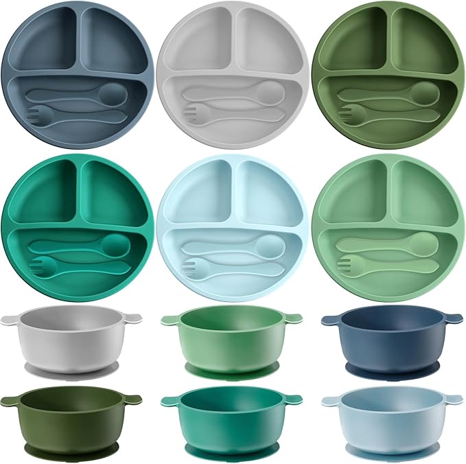 Dandat 24 Pcs Silicone Baby Feeding Set,6 Baby Toddler Suction Bowls 6 Divided Suction Plates with 6 Forks 6 Spoons, Utensils Set for Weaning Infant Feeding and Eating, 6 Styles(Vivid Color)