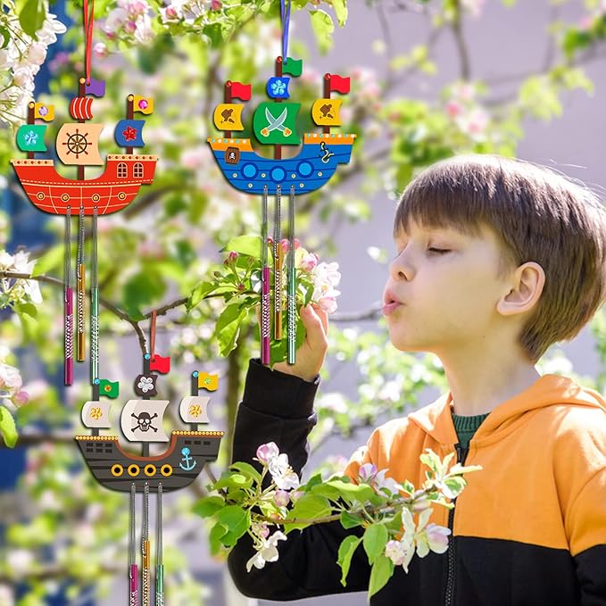 Fennoral 10 Pack Wind Chime Kit for Kids Make Your Own Pirates Ship Wind Chime Wooden Arts and Crafts for Girls Boys Ornaments DIY Coloring Ship for Art Activity Birthday Spring Party Decoration