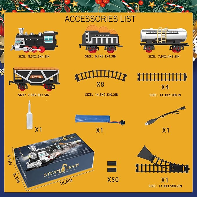 Electric Train Set Christmas Train Toys w/Smokes,Lights& Sound (ON/Off) Kids Rechargeable Train Set w/Steam Locomotive, Cargo Cars & Tracks Christmas Birthday Gift for Boys Girls 3 4 5 6 7