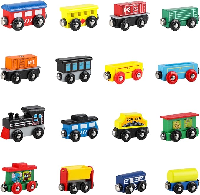 Wondertoys 16 Piece Magnetic Wooden Train Set for Toddlers - Includes Storage Bag and Track Accessories