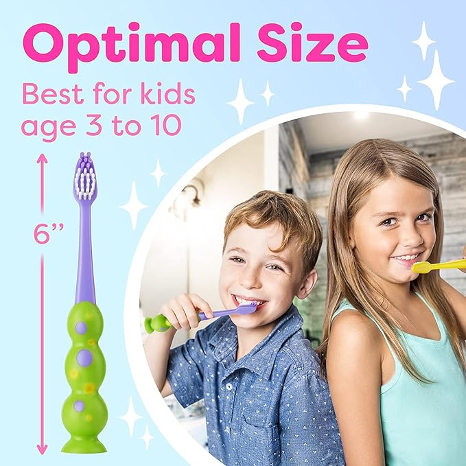 Kids Toothbrush 6 Pack - Soft Contoured Bristles - Child Sized Brush Heads (3-10 Year Old) - Suction Cup for Fun & Easy Storage - Girl & Boy Set (6-Pack, Green & Pink)