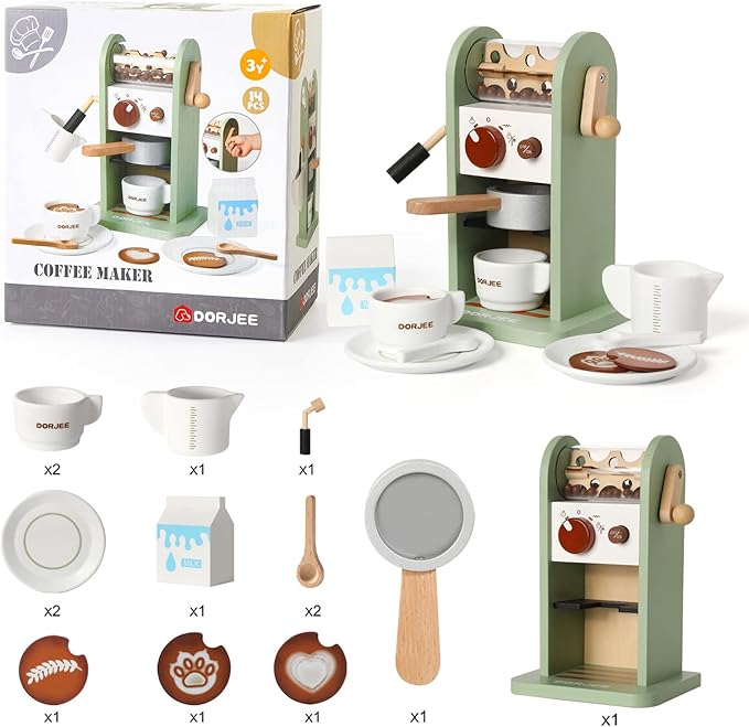 Dorjee Kids Coffee Maker Playset with Grinder, Play to Learn Coffee Making Routine, Stimulates Imaginative Pretend Play and Life Skills, Gifts for Toddler Girls and Boys, 14pcs in Wood