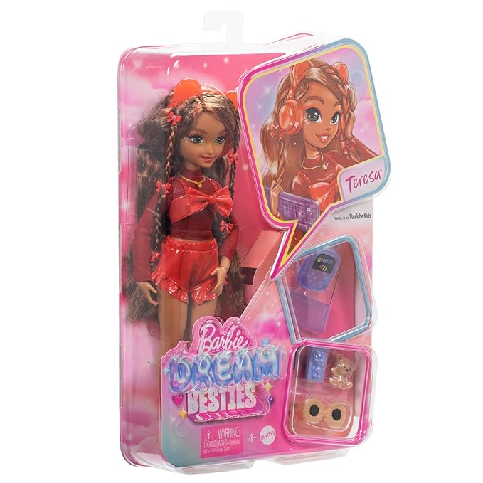 Barbie Dream Besties Playset, Teresa Posable Fashion Doll with Brown Hair & Hairstyling Clips, 10 Video Game-Themed Accessories