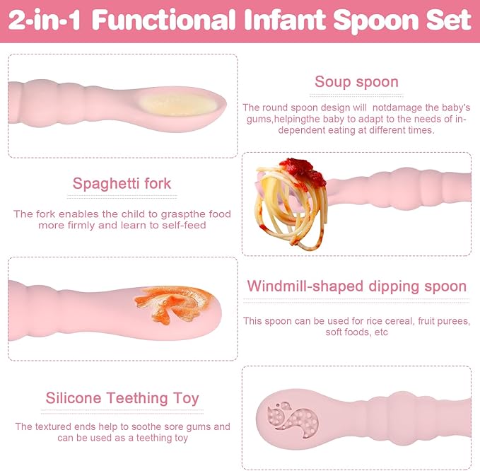 Silicone Baby Spoons Self Feeding 6+ Months 3PCS Toddler Forks and Spoons Utensils Baby Led Weaning Teething Spoon Infant Spoons First Stage Newborn Baby Essentials Baby Gifts Pink