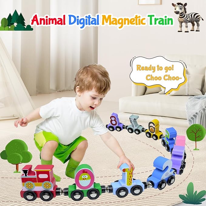 Toddlers Toy for 1 2 3 Years Old Boys Girls, 12 Magnetic Wooden Animal Digital Train Set with Storage Bag，Montessori Toys for 2-3 Years Old Toddlers, Christmas Birthday Easter Gift for Baby Toddlers