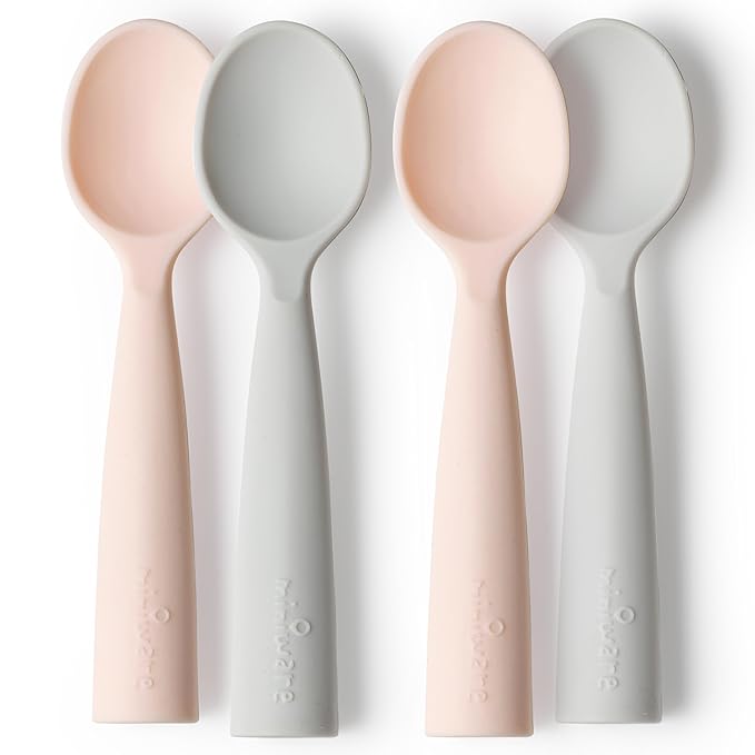 Miniware Silicone Baby Spoon for Training - BPA Free Baby Utensils - Baby Spoons Self Feeding 6 Months | 100% Food Grade Silicone - Modern & Dishwasher Safe Toddler Spoons (Grey and Peach, 2 Pack)