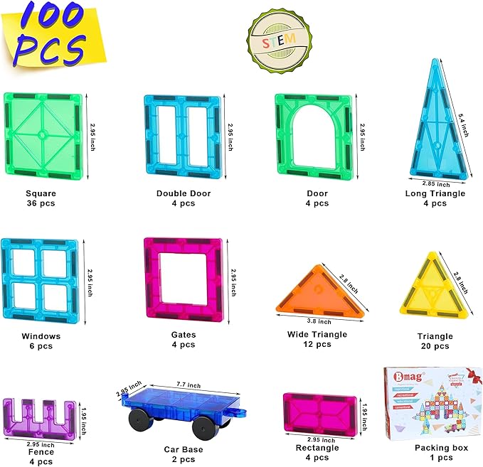 Bmag Magnetic Tiles, 100PCS Magnet Building Blocks for Kids, Stacking Building Set for Boys Girls, STEM Preschool Educational Learning Construction Toy with 2 Cars