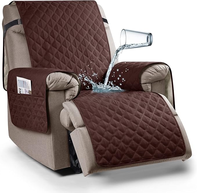 Ruaozz 100% Waterproof Recliner Chair Cover Non-Slip Oversized Reclining Cover for Large Recliner Chair Washable Chair Seat Cover with Elastic Straps for Kids, Dogs, Pets (Coffee, 28'')