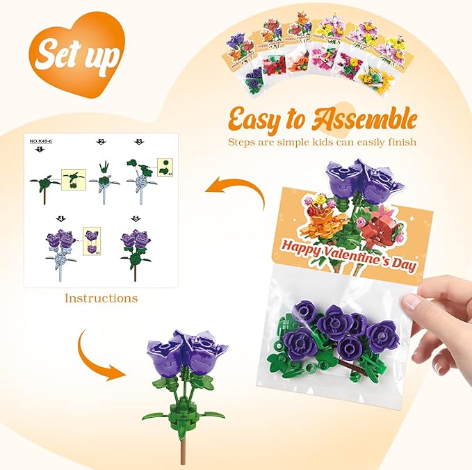 Valentines Day Gifts for Kids - 24 Pack Prefilled Valentine's Day Cards with Flower Building Blocks Crafts for School Classroom Class Party Favor, Valentines Gifts Bulk Exchange for Boys Girls Teens