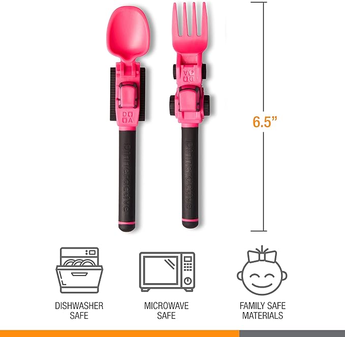 Dinneractive Utensil Set for Kids – Construction Themed Toddler Forks and Spoons, Toddler Utensils – 2PC Set – Fuchsia Construction Utensils For Toddlers - Loader & Tractor Toddler Spoons and Forks