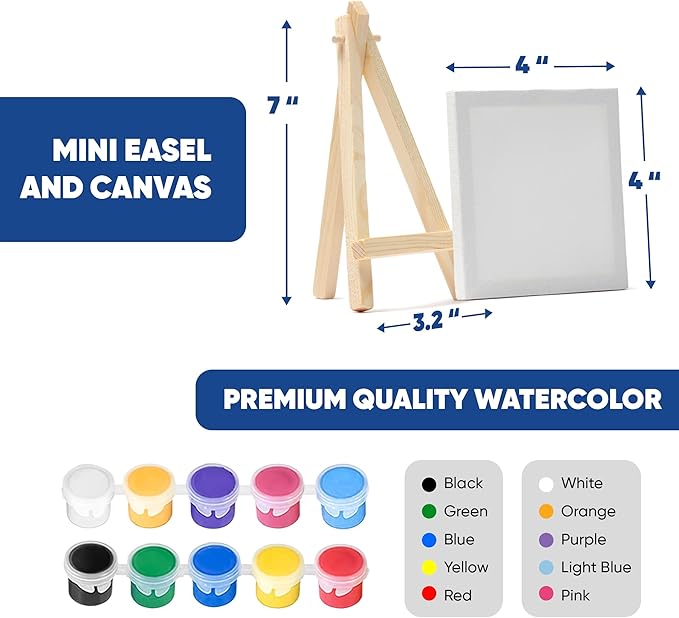 Set of 12 Mini 4x4 Canvas and Easel Set with 10 Colors Acrylic Paint - Bulk Kids Art Party Favors & Supplies - Mini Paint Party Kits - Kids Canvas Painting Set - Paint & Sip Kit
