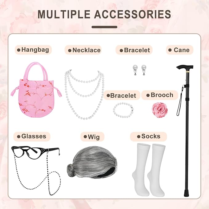 MGparty 100th Day of School Costume for Girls, Old Lady Costume for Kids, Grandma Cosplay Dress Up Accessories