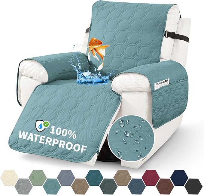 XINEAGE 100% Waterproof Recliner Chair Cover, Non Slip Covers for Recliner Chair with Pocket, Washable Dog Recliner Couch Cover with Elastic Straps (Light Blue, 23.6")