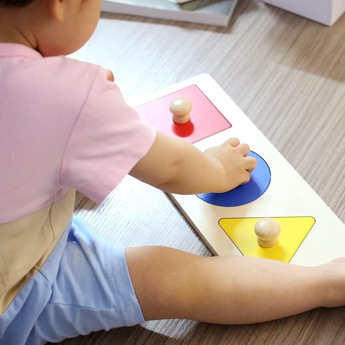 Montessori Multiple Shape Puzzle First Shapes Jumbo Knob Wooden Puzzle Geometric Shape Puzzle Toddler Preschool Learning Material Sensorial Toy for Toddler Shape & Color Sorter (3 Pieces)
