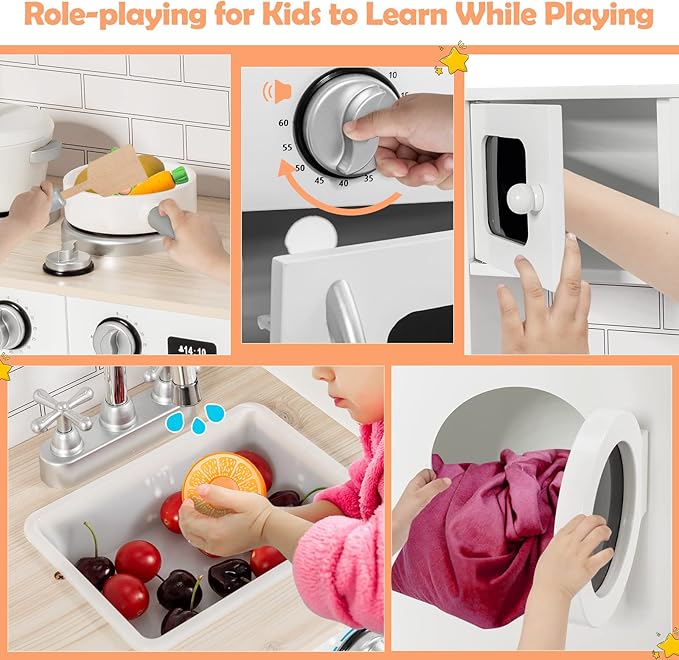 HONEY JOY Kids Kitchen Playset, 31 Inch Rooftop Wooden Play Kitchen for Toddlers, Microwave, Clock, Washing Machine, Cookware, Little Chef Pretend Play Toy Kitchen Set, Gift for Boys Girls, White