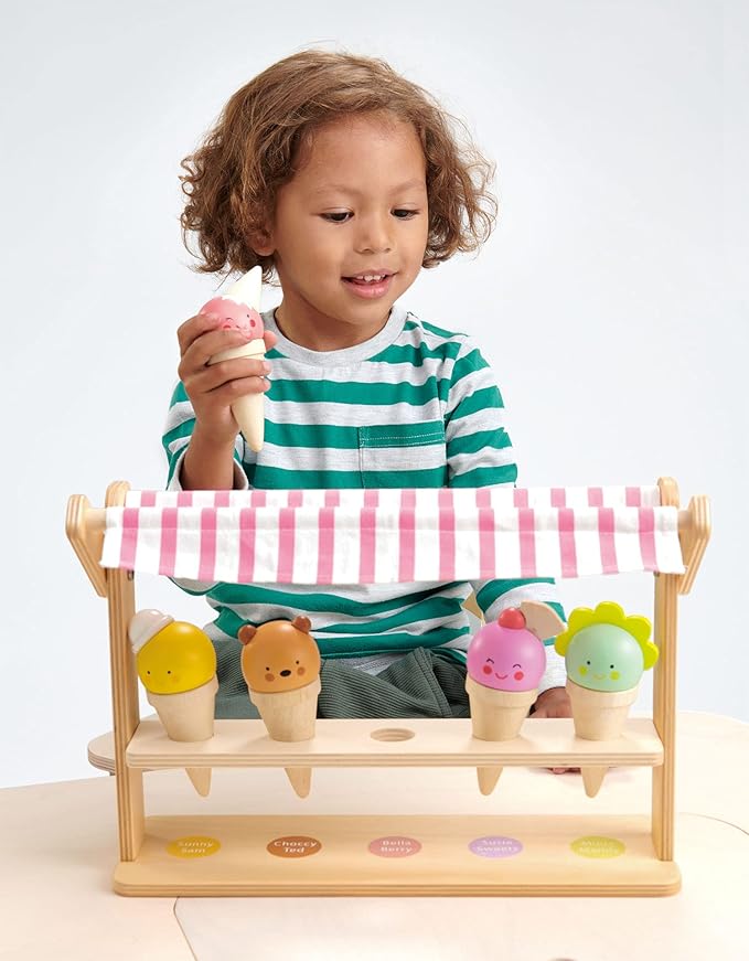 Tender Leaf Toys - Scoops and Smiles - Ice Cream Toy Shop with 5 Solid Wood Pretend Play Set for Kids, Play Food and Accessories, Encourage Role Play and Develops Social Skills - Age 3+
