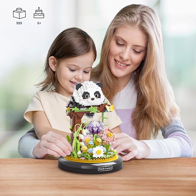 Panda Flower Bouquet Building Set for Adults, Animals Flowers Plants Decor with Dust Cover, Birthday Gift Building Toy for Boys Girls, 999 PCS Mini Building Blocks, Not Compatible with Lego