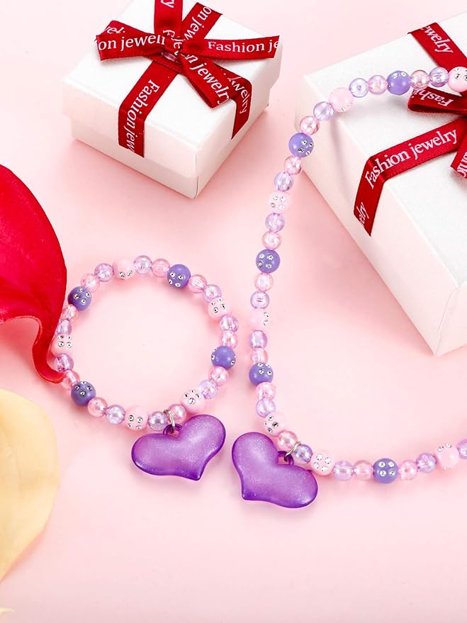 Zhanmai 2 Pcs Girl Princess Necklace Bracelet Set Lovely Princess Heart Shape Beads Necklace Stretchy Jewelry Set Girls Costume Jewelry Gift Party Favors for Dress up