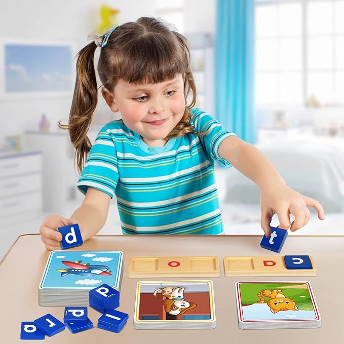 Learnign Toys for 2 3 4 5 6 Years Old Boys Girls, Wooden CVC Reading Spelling Game for Kids, Preschool Kindergarden Learning Activities, Educational Toys Gifts for 2-4 3-5 4-6 Year Old Kids