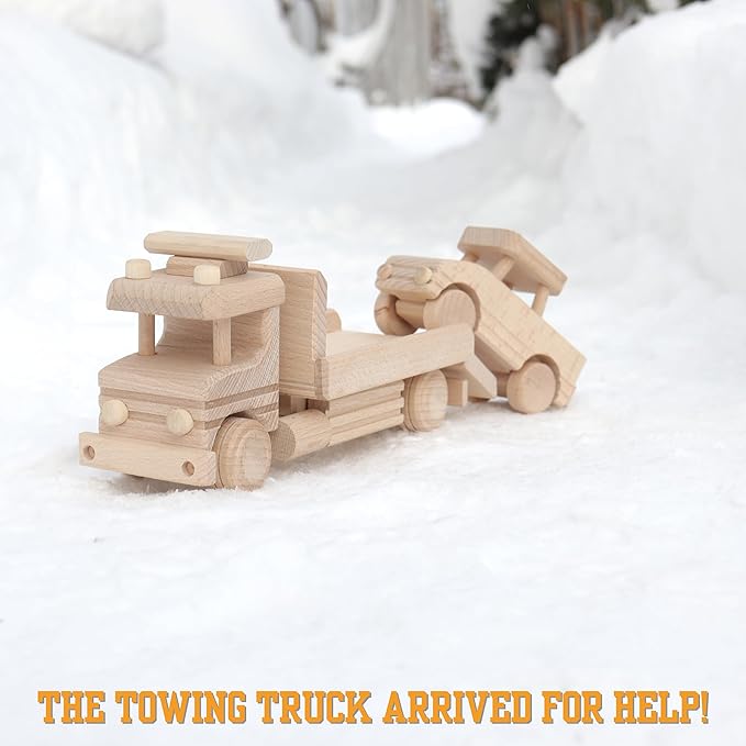 Wooden Towing Truck Toy with Wooden Car - Tow Truck - Sturdy Toy Vehicle for Toddlers - DIY Toys - Semi Trailer Truck Prepared for Paint - Wooden Trucks