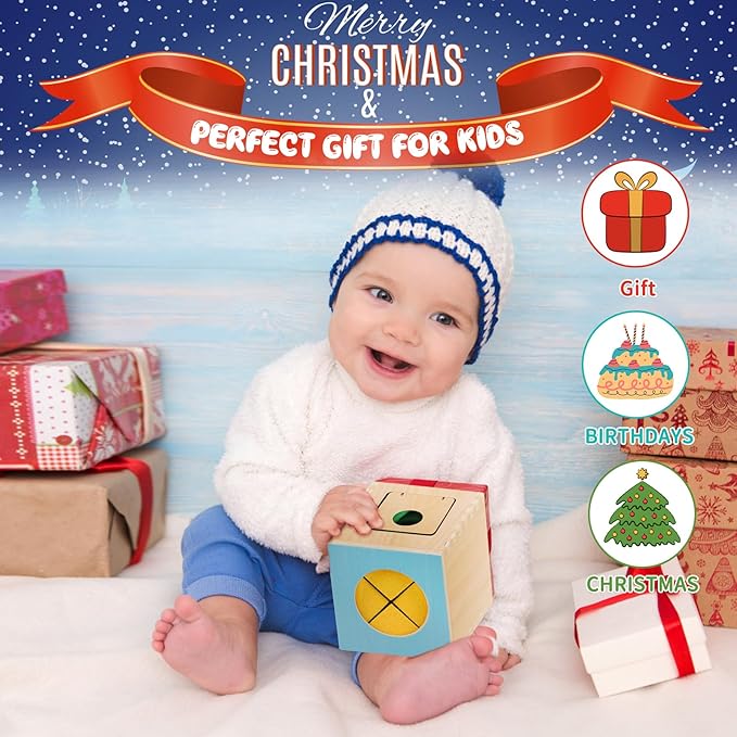 FCSONU Kids Toddler Toys, Montessori Baby Toys 0-6-12 Months, 1 Year Old Wooden Baby Tissue Box Toy for Educational Learning with Cloth Tissues, Boys & Girls Gifts for Birthday Christmas Children Day