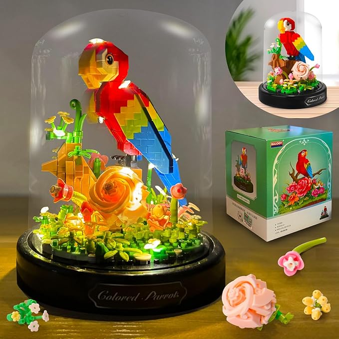 Topdear Flower Parrot Bouquet Building Set with LED String Light and Dust Cover, 551 Pcs Animals Flower Mini Bricks Building Blocks Toy for Kids, Adults, Gift for Mother's Day, Christmas(Red)