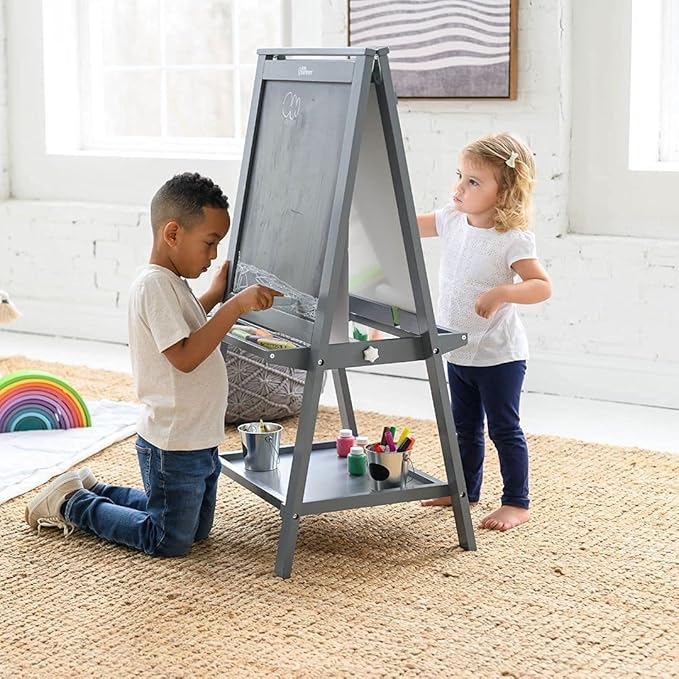 Little Partners Folding EZ Painting Easel for Kids, Dual-Sided Art Easel for Kids Art Station, Folds Flat with Chalkboard, Dry Erase Whiteboard, Paper, Eraser, Paint Cups, Shelf (Earl Grey)