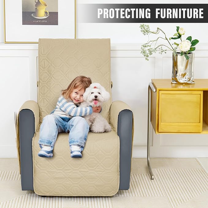 Recliner Chair Cover Sofa Slipcover Non-Slip Chair Couch Cover Machine Washable Furniture Protector with Straps for Dogs(Beige, 23inch Recliner)