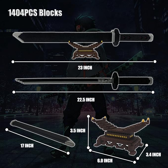 Demon Slayer Sword Building Kit Set Compatible with Lego, 22.8IN Cosplay Anime Tanjirou Sword with Scabbard & Stand, Tokitou Muichirou Katana Stacking Blocks Toy Gift for Kid, Adult