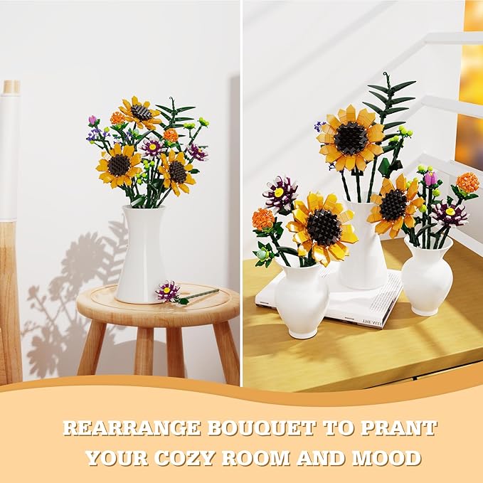 Flower Bouquet Building Set, Sunflower Botanical Collection Blocks Kit Compatible with Lego for Adults Women and Teens Girls 8+ Valentines Day Artificial Flower Decor (1161PCS)